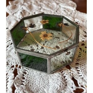 Vintage Stained Glass Hexagon Trinket Box Pressed Flower Jewelry Case